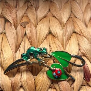 🐸Frog on Lily Pad Brooch with Red Ladybug Accent